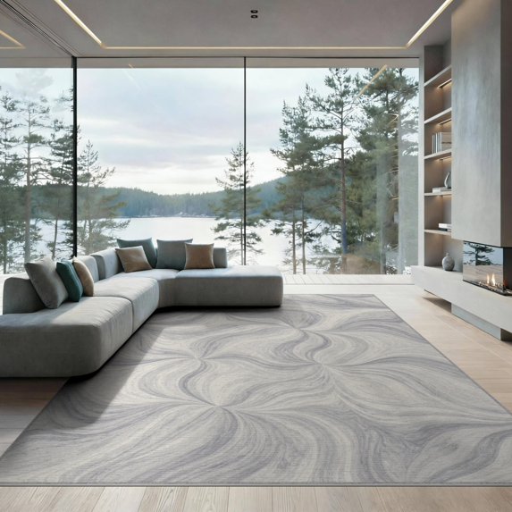 ODIKA 9'x12' Washable Area Rug Flowing Marble Ripple Motif Padded Contemporary Abstract Decor Accent for Dining Room, Basement, Large Office, Non-Slip Chair-Friendly