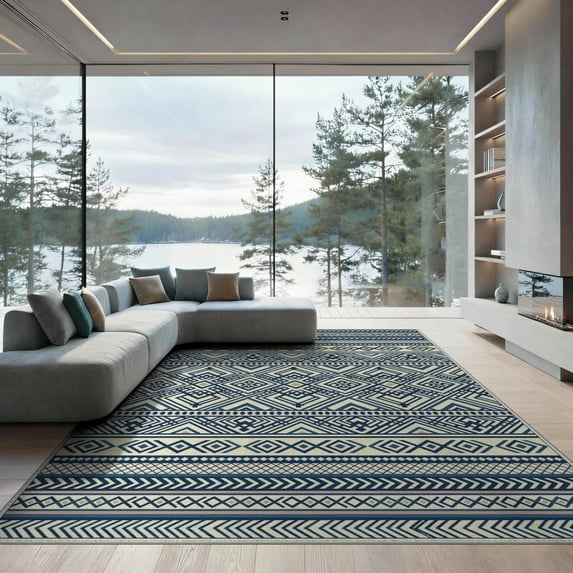 ODIKA 9'x12' Washable Area Rug Front Covering Geometric Interlocking Motif Horizontal Halloween for Dining Room, Basement, Large Office, Non-Slip Chair-Friendly
