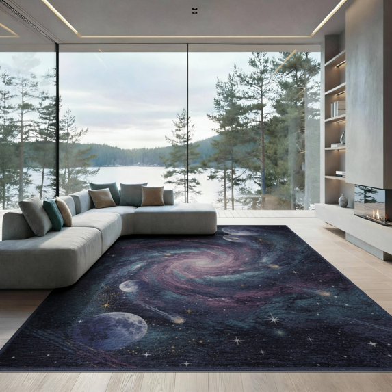 ODIKA 9'x12' Washable Area Rug Galaxy Nebula Cosmic Stars Meteorite Motif Planetary Planets Large Flowing for Dining Room, Basement, Office, Non-Slip Chair-Friendly