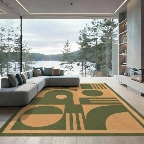 ODIKA 9'x12' Washable Area Rug Green Beige Geometric Design Elegant Interplay of Abstract Shapes and Lines for Master Suite, California King, Under Bed, Non-Shedding, Easy Care