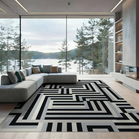 ODIKA 9'x12' Washable Area Rug Grey Abstract Maze-Inspired Striped Design Asymmetric Breaks, Clean Edges in a Minimalist for Great Room, Indoor Concept, Large Living Low Pile, Flatwoven