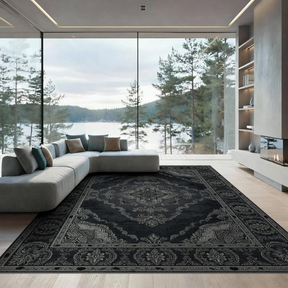 ODIKA 9'x12' Washable Area Rug Grey Entry Monochrome Scattered Spots Understated Framing Way for Dining Room, Basement, Large Office, Non-Slip Chair-Friendly