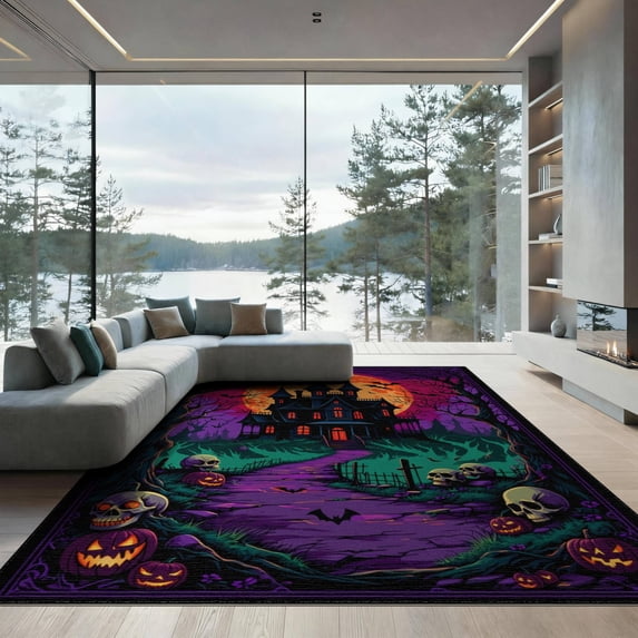 ODIKA 9'x12' Washable Area Rug Halloween Eerie Spooky Bats Gothic Skull Frame for Great Room, Indoor Concept, Large Living Low Pile, Flatwoven