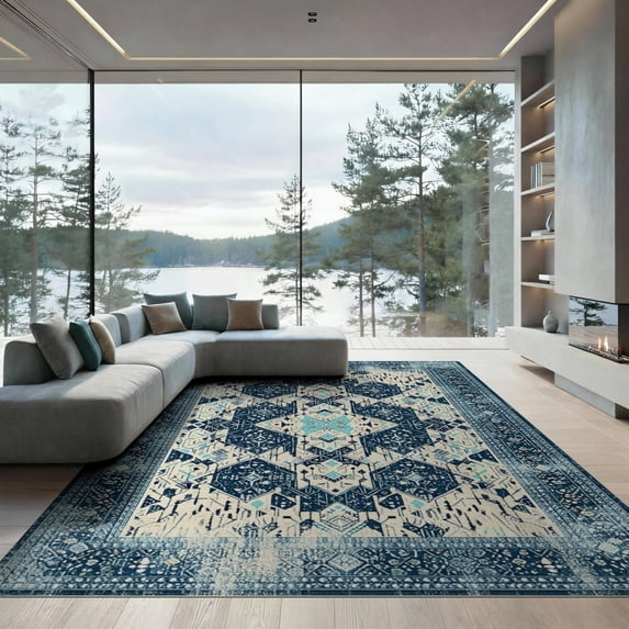 ODIKA 9'x12' Washable Area Rug Hallway Long Abstract Splatter Lattice Contemporary Geometric for Master Suite, California King, Under Bed, Non-Shedding, Easy Care