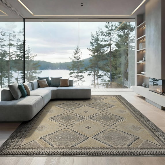 ODIKA 9'x12' Washable Area Rug Herringbone Farmhouse Boho Geometric Door Striped Border Vintage for Great Room, Indoor Concept, Large Living Low Pile, Flatwoven
