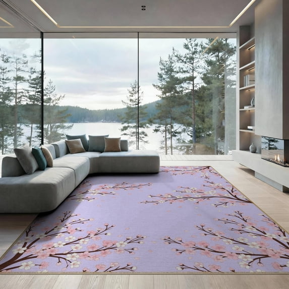 ODIKA 9'x12' Washable Area Rug Japanese Arching Motif Petals Cherry Tufted Chinese Asian Plum for Great Room, Indoor Concept, Large Living Room, Low Pile, Flatwoven
