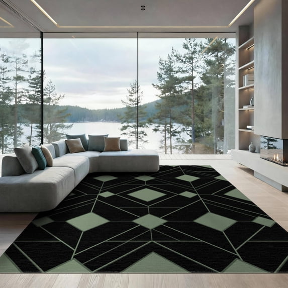 ODIKA 9'x12' Washable Area Rug Large Minimalist Angular Symmetrical Covering Repeating Blackrug for Master Suite, California King, Under Bed, Non-Shedding, Easy Care