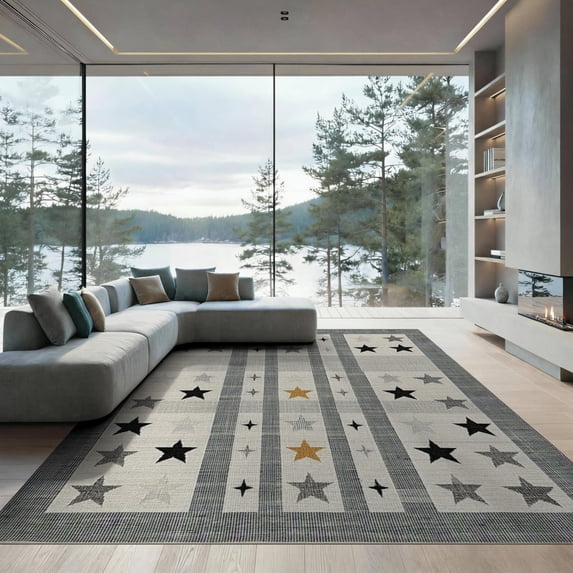 ODIKA 9'x12' Washable Area Rug Under Layered Door Stripe Bold Doormat Stars Checkered Farmhouse Grid for Dining Room, Basement, Large Office, Non-Slip Chair-Friendly