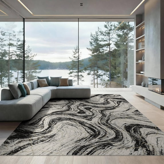 ODIKA 9'x12' Washable Area Rug Low Pile, Flatwoven, Abstract Crackle Veins Contrast Veined Streaks Flow Symmetrical Swirl Flowing for Great Room, Indoor Concept, Large Living