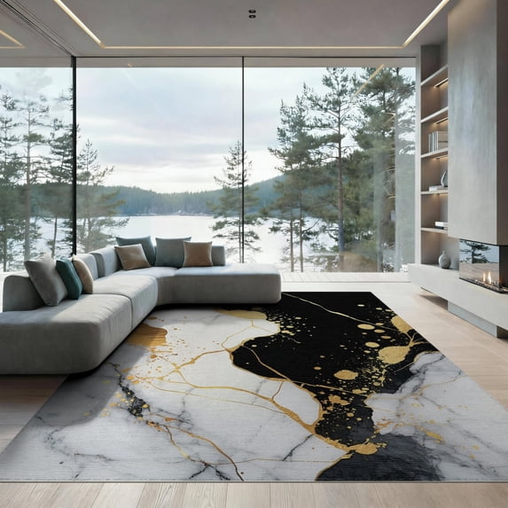 ODIKA 9'x12' Washable Area Rug Low Pile, Flatwoven, Abstract Splash Tan Contemporary Bold Motifs Cream Grey Yellow for Great Room, Indoor Concept, Large Living