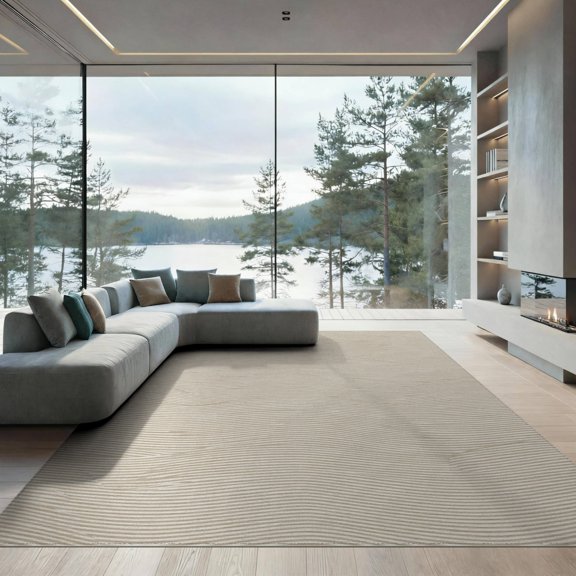 ODIKA 9'x12' Washable Area Rug Low Pile, Flatwoven, Abstract Stripe Contemporary Wave Lines Neutral Tones Beige Cream Refined for Great Room, Indoor Concept, Large Living