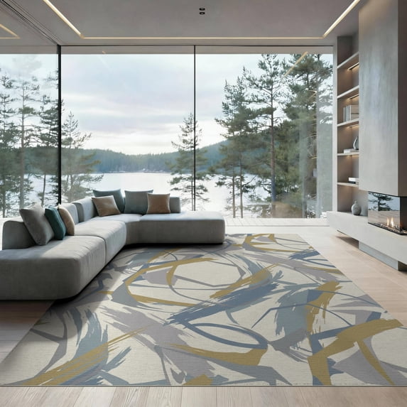 ODIKA 9'x12' Washable Area Rug Low Pile, Flatwoven, Abstract Stylized Composition Crisp Decorative Shapes Lightweight for Great Room, Indoor Concept, Large Living