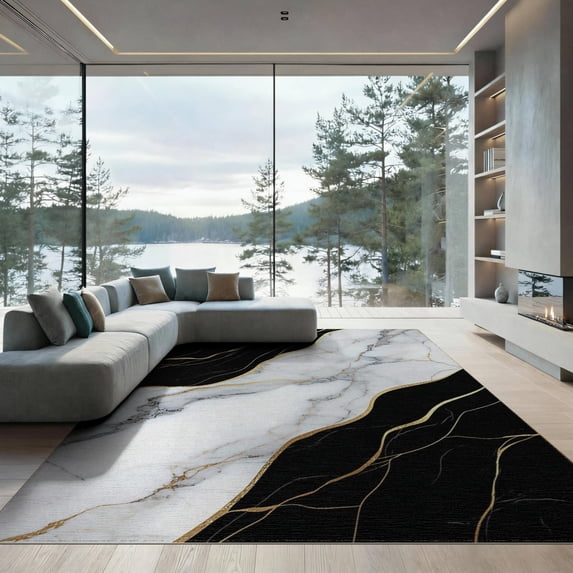 ODIKA 9'x12' Washable Area Rug Low Pile, Flatwoven, Abstract Swirl Veined Gilded Border Streaks Flow Symmetrical for Great Room, Indoor Concept, Large Living