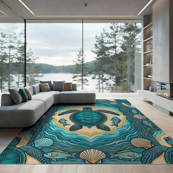 ODIKA 9'x12' Washable Area Rug Low Pile, Flatwoven, Beachy Ocean Entry Themed Teal Bathroom Long Nautical Turtle Refined Structured for Great Room, Indoor Concept, Large Living