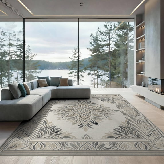 ODIKA 9'x12' Washable Area Rug Low Pile, Flatwoven, Beige Boho Asymmetrical Washes Understated An Under Dining Table for Great Room, Indoor Concept, Large Living