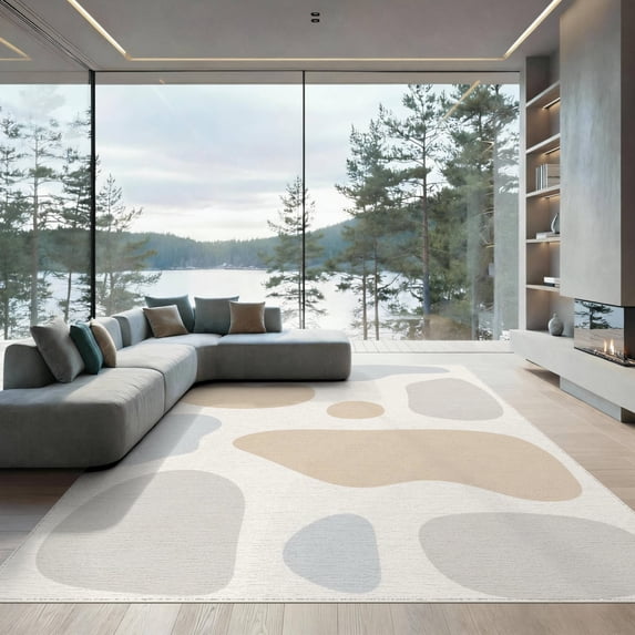 ODIKA 9'x12' Washable Area Rug Low Pile, Flatwoven, Beige Gray Abstract Shapes Design Contemporary Artistic in Neutral for Great Room, Indoor Concept, Large Living