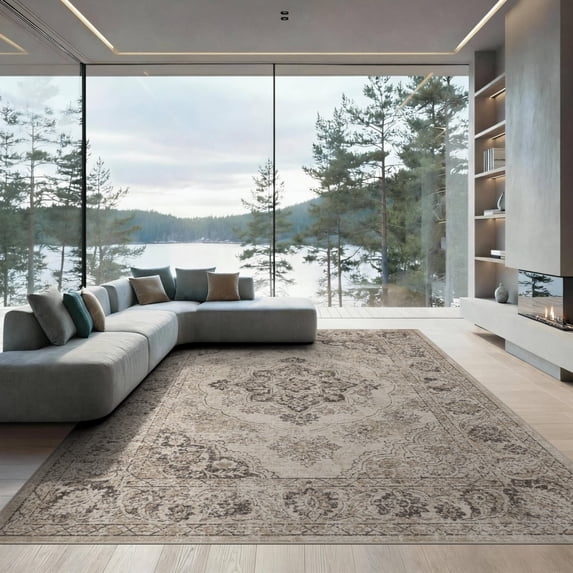 ODIKA 9'x12' Washable Area Rug Low Pile, Flatwoven, Beige Vintage Farmhouse Distressed Geometric Border Boho Large Flowing Dynamic for Great Room, Indoor Concept, Living