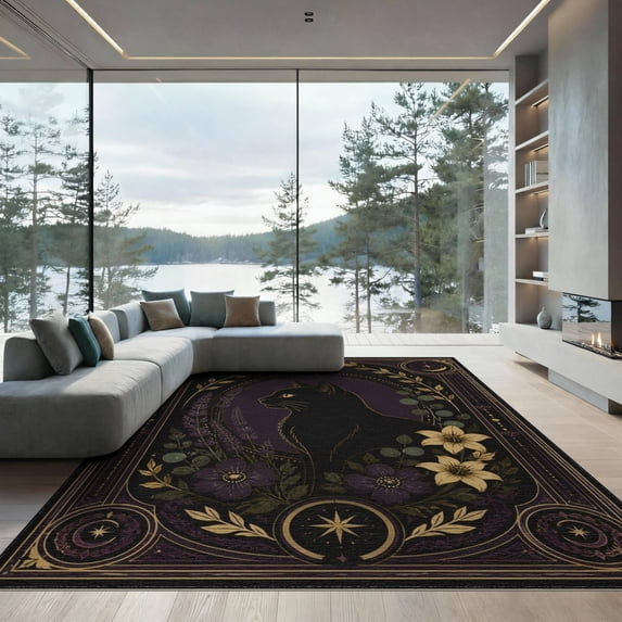 ODIKA 9'x12' Washable Area Rug Low Pile, Flatwoven, Black Gold Celestial Feline Elegance Design Floral and Star Motifs with Golden for Great Room, Indoor Concept, Large Living