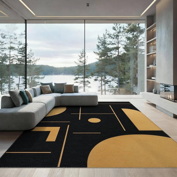 ODIKA 9'x12' Washable Area Rug Low Pile, Flatwoven, Black Gold Geometric Design Elegant Abstract Lines and Shapes for Modern Decor for Great Room, Indoor Concept, Large Living