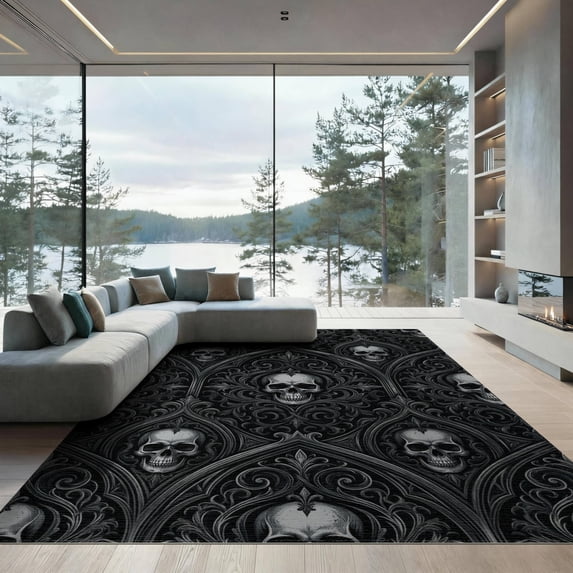ODIKA 9'x12' Washable Area Rug Low Pile, Flatwoven, Black Silver Gothic Skull Arch Design Ornate Filigree with Distressed Scrollwork for Great Room, Indoor Concept, Large Living