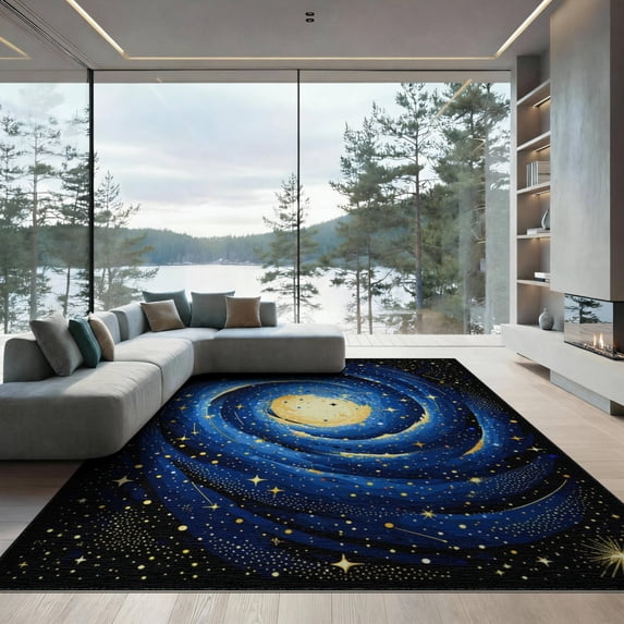 ODIKA 9'x12' Washable Area Rug Low Pile, Flatwoven, Blue Galaxy Nebula Starry Meteorite Deep Astrology Uranus Themed Swirling Vortex Design for Great Room, Indoor Concept, Large Living