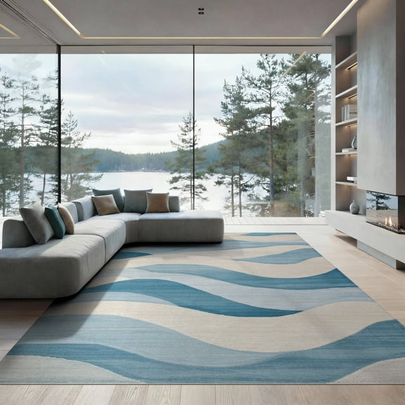 ODIKA 9'x12' Washable Area Rug Low Pile, Flatwoven, Blue Waves Serene Flow Design Wave Elegant Motif with Subtle Color Transitions for Great Room, Indoor Concept, Large Living