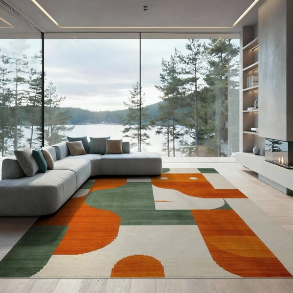 ODIKA 9'x12' Washable Area Rug Low Pile, Flatwoven, Burnt Orange Retro Abstract Funky Face Eclectic Composition Mid-Century Line Art for Great Room, Indoor Concept, Large Living