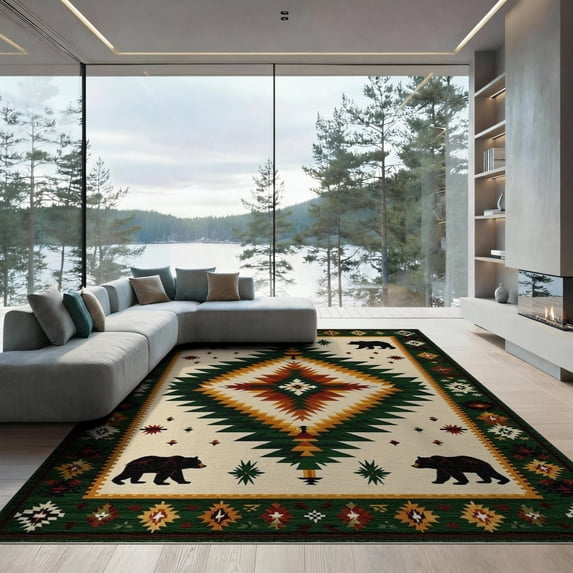 ODIKA 9'x12' Washable Area Rug Low Pile, Flatwoven, Cabin Border Cowboy Southwestern Mens Decorations Reindeer Lone for Great Room, Indoor Concept, Large Living