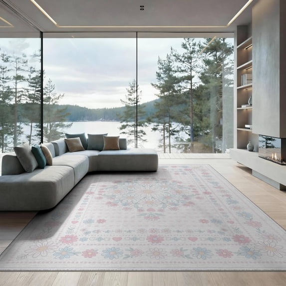 ODIKA 9'x12' Washable Area Rug Low Pile, Flatwoven, Charm Border Whimsical Scattered Polka Dot Motifs Boho Scallop Pink Flowing for Great Room, Indoor Concept, Large Living