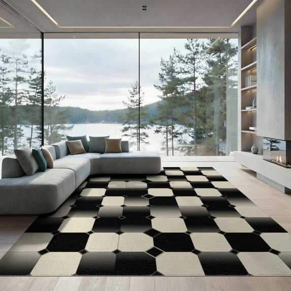 ODIKA 9'x12' Washable Area Rug Low Pile, Flatwoven, Checkered Tone Gradient Checkerboard Repeating Motif Entry Music for Great Room, Indoor Concept, Large Living
