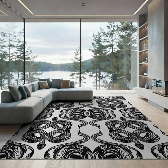 ODIKA 9'x12' Washable Area Rug Low Pile, Flatwoven, Coiled Snake Flat Design Crisp Edges Balanced Surface Artwork for Great Room, Indoor Concept, Large Living
