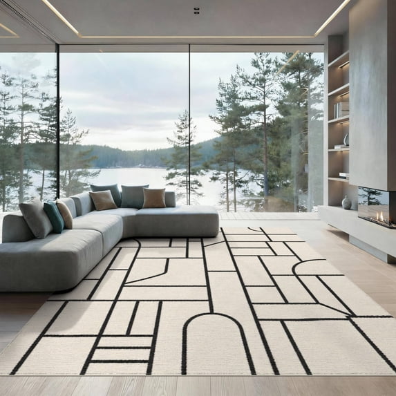 ODIKA 9'x12' Washable Area Rug Low Pile, Flatwoven, Cream Black Geometric Lines and Blocks Design Elegant Contemporary with Angles for Great Room, Indoor Concept, Large Living