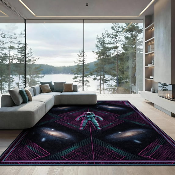 ODIKA 9'x12' Washable Area Rug Low Pile, Flatwoven, Cyber Galaxy Grid Map Sapcerug Arcade Fireworks Anime Astronaut Refined for Great Room, Indoor Concept, Large Living