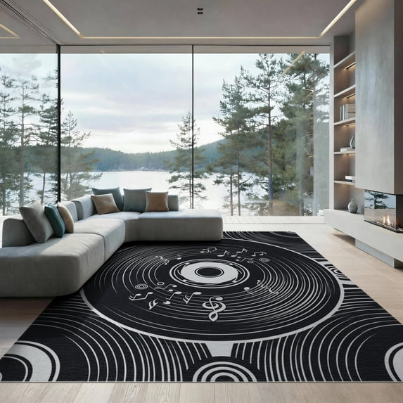 ODIKA 9'x12' Washable Area Rug Low Pile, Flatwoven, Disc Retro Record Gramophone Radial Lines Music Symbols Shaped for Great Room, Indoor Concept, Large Living