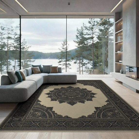 ODIKA 9'x12' Washable Area Rug Low Pile, Flatwoven, Distressed Border Faded Interlocking Motifs Abstract Vintage Refined Structured for Great Room, Indoor Concept, Large Living