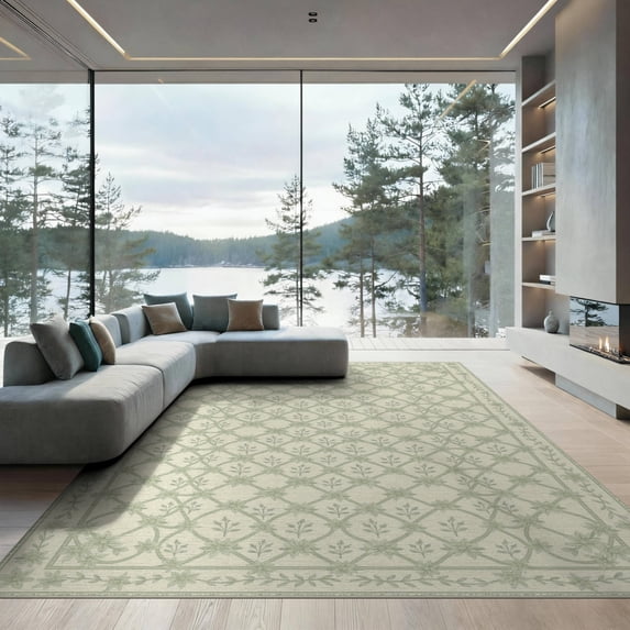 ODIKA 9'x12' Washable Area Rug Low Pile, Flatwoven, Entry Botanical Trellis Farmhouse Lattice Trailing Vine Door Flowing Dynamic for Great Room, Indoor Concept, Large Living
