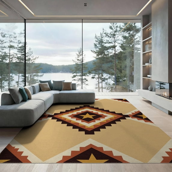 ODIKA 9'x12' Washable Area Rug Low Pile, Flatwoven, Farmhouse Interlocking Diamonds Southwestern Stepped Border Arae for Great Room, Indoor Concept, Large Living