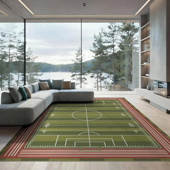 ODIKA 9'x12' Washable Area Rug Low Pile, Flatwoven, Football Gridiron Car Markings Striped Rectangle Field Rugby for Great Room, Indoor Concept, Large Living