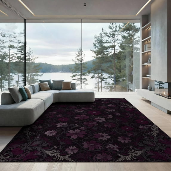 ODIKA 9'x12' Washable Area Rug Low Pile, Flatwoven, Gothic Maximalist Purple Magenta Decorative Flourish Pink Flower for Great Room, Indoor Concept, Large Living