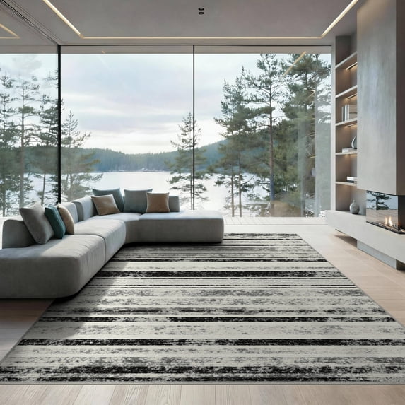ODIKA 9'x12' Washable Area Rug Low Pile, Flatwoven, Under Gradient Doormat Striped Featuring Faded Horizontal Bands for Great Room, Indoor Concept, Large Living