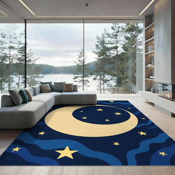 ODIKA 9'x12' Washable Area Rug Low Pile, Flatwoven, Navy Blue Celestial Eclipse Design Artistic Sun and Stars Astral Motif for Great Room, Indoor Concept, Large Living