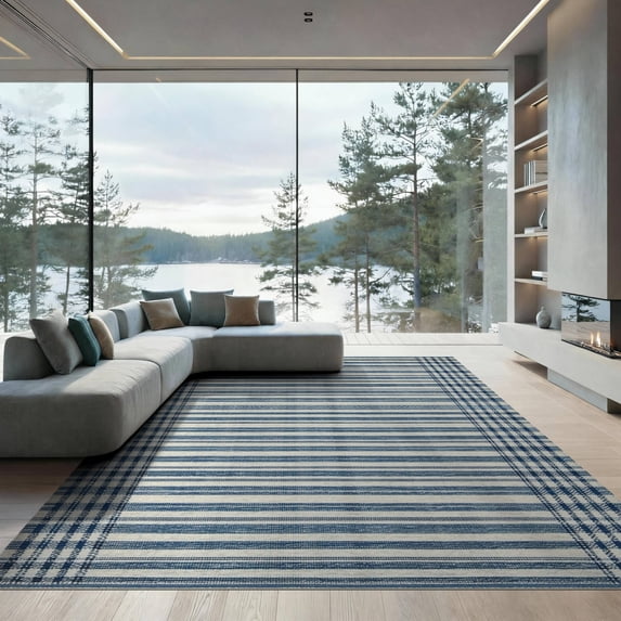 ODIKA 9'x12' Washable Area Rug Low Pile, Flatwoven, Navy Ivory Layering Striped Gingham Plaid Felpudo Front Door Welcome Boho Grid with Diamond for Great Room, Indoor Concept, Large Living