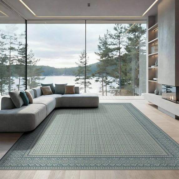 ODIKA 9'x12' Washable Area Rug Low Pile, Flatwoven, Navy Solid That Geometric Neutral Couch Modern Interlocking Border with Fret Motif for Great Room, Indoor Concept, Large Living