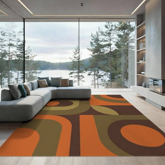 ODIKA 9'x12' Washable Area Rug Low Pile, Flatwoven, Orange Olive Geometric Abstract Art Design Rectangular with Bold Circular Motifs for Great Room, Indoor Concept, Large Living