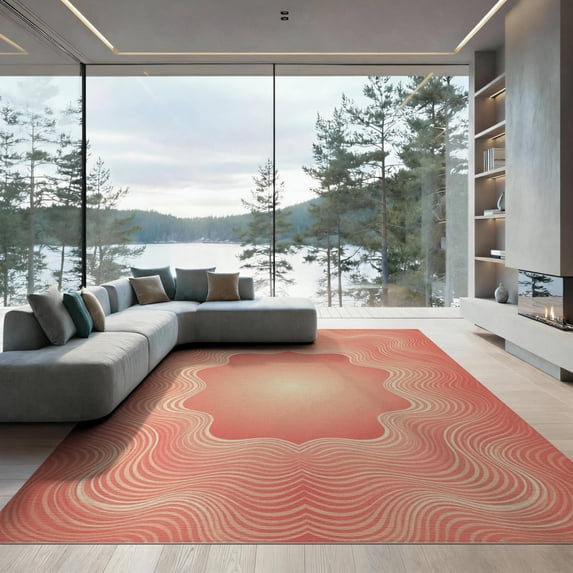 ODIKA 9'x12' Washable Area Rug Low Pile, Flatwoven, Peach Gradient Abstract Swirl Border Ombre Pastel Wave Center for Great Room, Indoor Concept, Large Living
