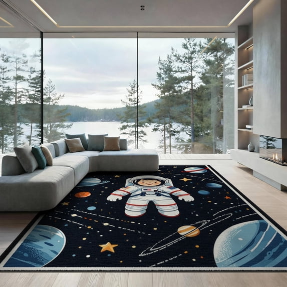 ODIKA 9'x12' Washable Area Rug Low Pile, Flatwoven, Playroom Ship Astronaut Galaxy Chart Science Theme Classroom for Great Room, Indoor Concept, Large Living