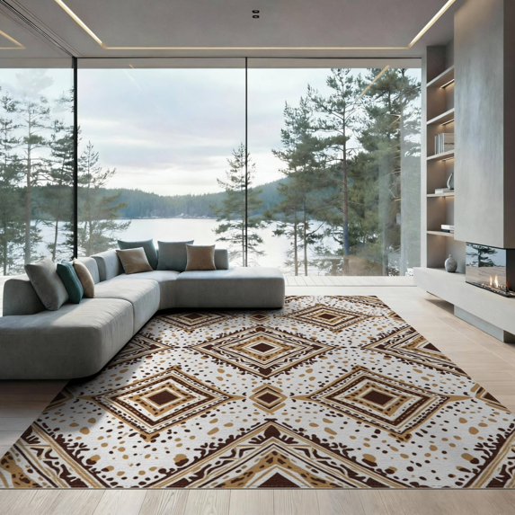 ODIKA 9'x12' Washable Area Rug Low Pile, Flatwoven, Print Southwestern Abstract Inspired Patches Border Spotted Cow Refined for Great Room, Indoor Concept, Large Living