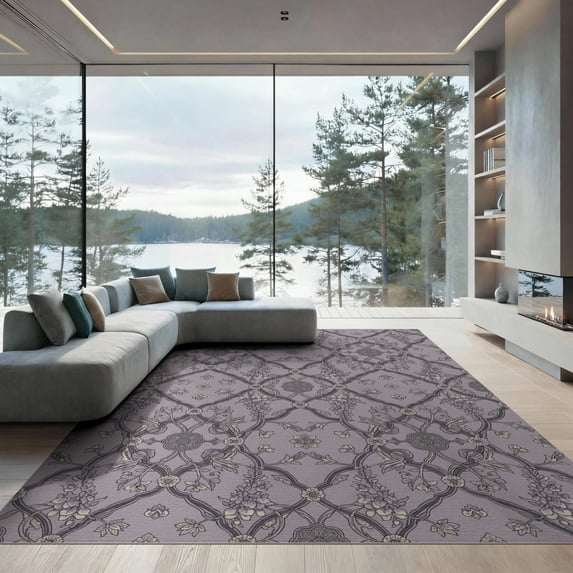 ODIKA 9'x12' Washable Area Rug Low Pile, Flatwoven, Purple Decorative Faded Botanical Geometric Network Pluple Lilac for Great Room, Indoor Concept, Large Living