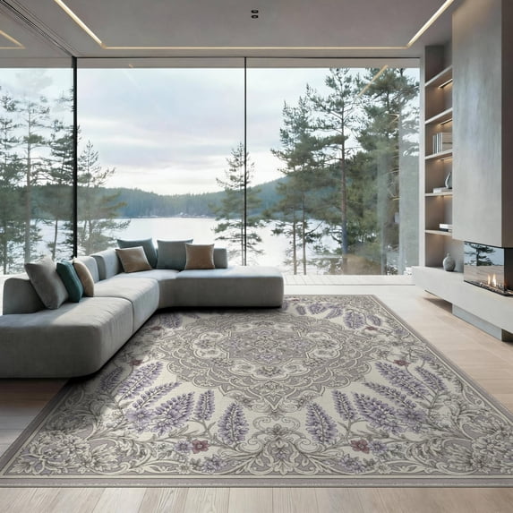 ODIKA 9'x12' Washable Area Rug Low Pile, Flatwoven, Purple Traditional Lilac Featuring Symmetrical Center Lavendar for Great Room, Indoor Concept, Large Living