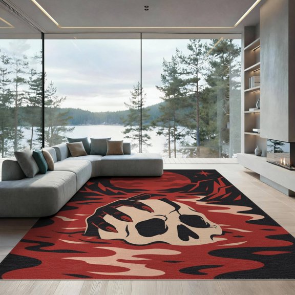 ODIKA 9'x12' Washable Area Rug Low Pile, Flatwoven, Red Black Gothic Skull and Crimson Moon Design Eerie Night Sky Motif with Mountain for Great Room, Indoor Concept, Large Living